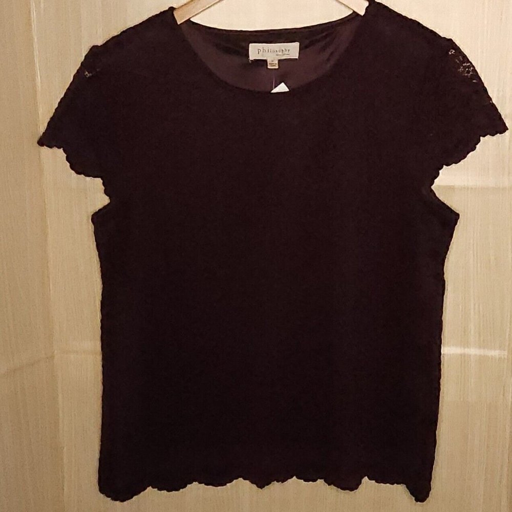 Philosophy Womens New Maroon Purple Black Lace Stretchy Top Large